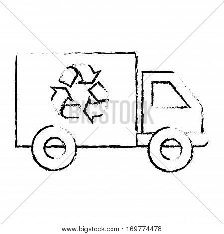 silhouette sketch blurred transport truck with vagon and recycling symbol vector illustration
