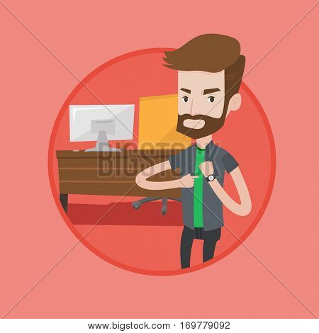 An angry hipster employer pointing at wrist watch. Employer checking time of coming of latecomer employee. Concept of late to work. Vector flat design illustration in the circle isolated on background