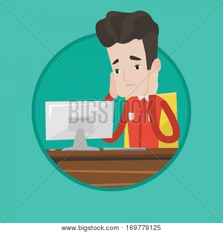 Caucasian exhausted office worker sitting at workplace. Overworked tired office worker working with his head propped on hand. Vector flat design illustration in the circle isolated on background.