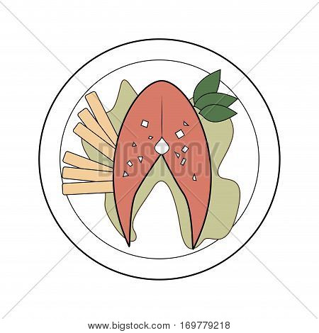 color dish with fish steak with potatos and lettuce vector illustration