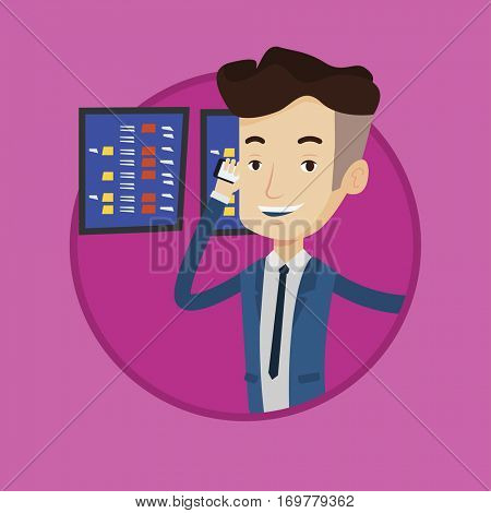 An excited stockbroker talking on mobile phone on the background of display of stock market quotes. Stockbroker at stock exchange. Vector flat design illustration in the circle isolated on background.