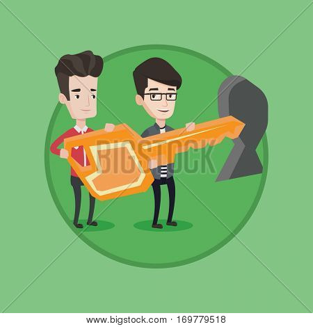 Businessmen standing in front of a keyhole with a big key. Business team holding the key to success. Two businessmen carrying key. Vector flat design illustration in the circle isolated on background.