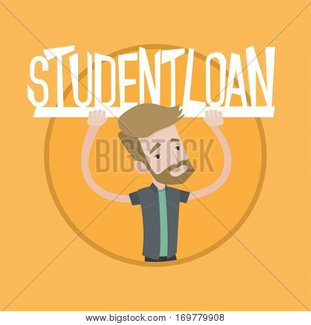 Hipster man with beard holding sign of student loan. Young man carrying heavy sign - student loan. Concept of expensive education. Vector flat design illustration in the circle isolated on background.