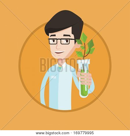 Scientist holding test tube with young plant. Man analyzing plant in test tube. Man in medical gown holding test tube with sprout. Vector flat design illustration in the circle isolated on background.