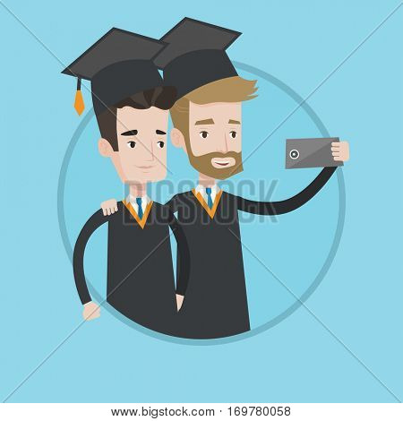Cheerful graduates in cloaks and graduation caps making selfie. Graduates making selfie with cellphone. Concept of graduation. Vector flat design illustration in the circle isolated on background.