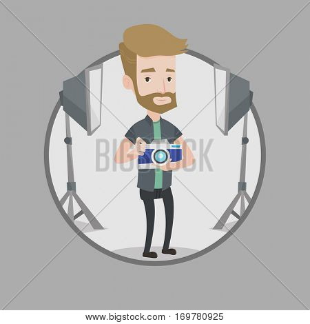 Hipster photographer with beard holding a camera in photo studio. Caucasian photographer using professional camera in the studio. Vector flat design illustration in the circle isolated on background.