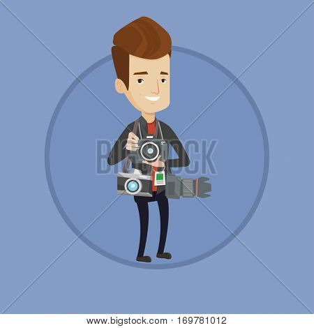 Cheerful paparazzi with many cameras. Caucasian paparazzi with photo cameras equipment. Professional paparazzi with many cameras. Vector flat design illustration in the circle isolated on background.