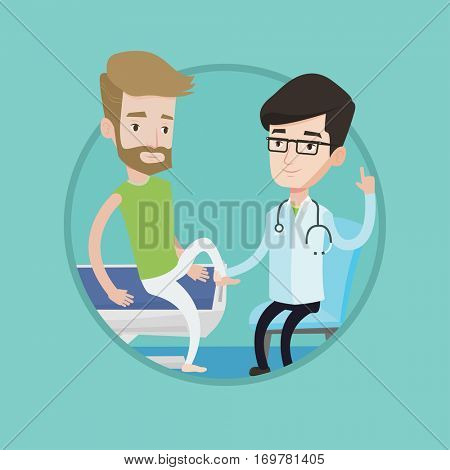 Physiotherapist checking ankle of a man. Physiotherapist examining leg of sportsman. Physiotherapist giving leg massage to patient. Vector flat design illustration in the circle isolated on background