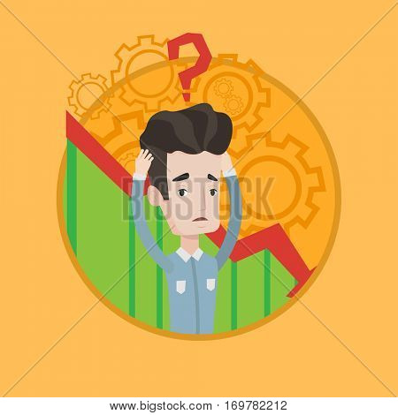 Bankrupt clutching head on background of chart going down. Bankrupt with question mark above head. Concept of business bankruptcy. Vector flat design illustration in the circle isolated on background.