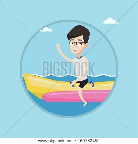 Tourists riding a banana boat and waving hand. Caucasian man having fun on banana boat in sea. Man enjoying his summer vacation. Vector flat design illustration in the circle isolated on background.