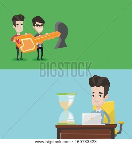 Two business banners with space for text. Vector flat design. Horizontal layout. Businessmen standing in front of keyhole with big key. Business team holding key to success. Businessmen carrying key.