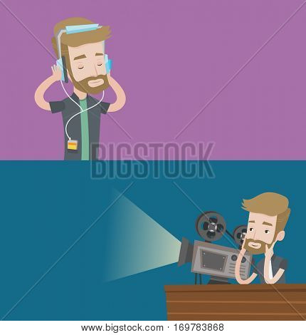 Two media banners with space for text. Vector flat design. Horizontal layout. Man listening to music on his smartphone. Young man in headphones listening to music. Man with eyes closed enjoying music.