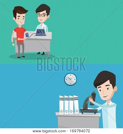 Two medical banners with space for text. Vector flat design. Horizontal layout. Young patient checking blood pressure with digital blood pressure meter. Doctor measuring blood pressure of patient.