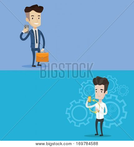 Two technology banners with space for text. Vector flat design. Horizontal layout. Young man showing his smartphone and smart watch. Concept of synchronization between smartwatch and smartphone.
