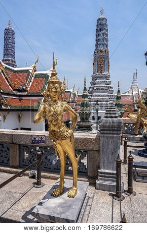 Thailand Bangkok. Wat Phra Kaew or Temple of the Emerald Buddha - one of the most important shrines of the Buddhists of Thailand. Statue of mythological Kinnaree.