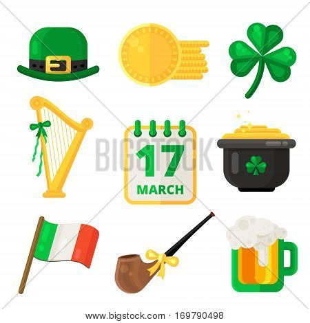 Saint Patrick day vector elements design. La Fheile Padraig holiday icons set. Irish flag colors and golden flat style symbols isolated on white background. Hat harp shamrock beer mug pot coin.