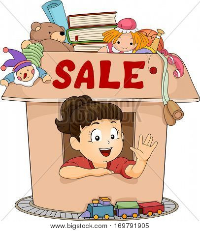 Illustration of a Cute Little Girl Peeking Out from a Small Box with the Word Sale Written on It