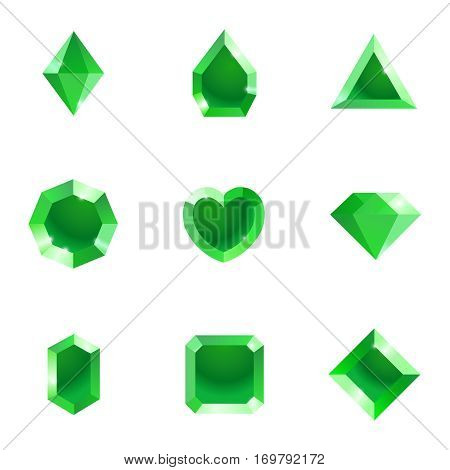 Set of different shapes gems. High quality green gemstones, crystals, diamonds. Vector illustration on a white background.