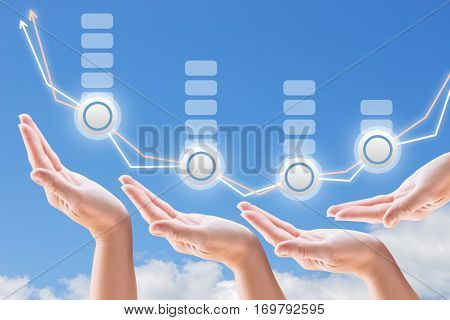 Hands support the growth and promotion seo on the background of sky and clouds