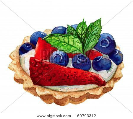 Tartalettes with blueberry, strawberry and mint leaves isolated on white. Watercolor illustration.