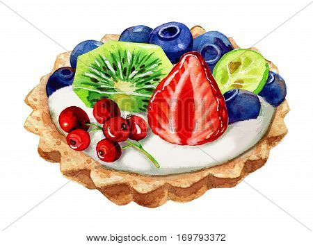 Tartalettes with blueberry, strawberry and mint leaves isolated on white. Watercolor illustration.