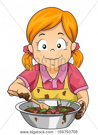 Illustration of a Little Girl Baking a Mud Pie Mixed with Flowers and Grasses