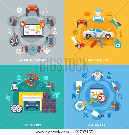 Auto service 2x2 design concept with tire service wheel alignment repair service  and car spares compositions flat vector illustration