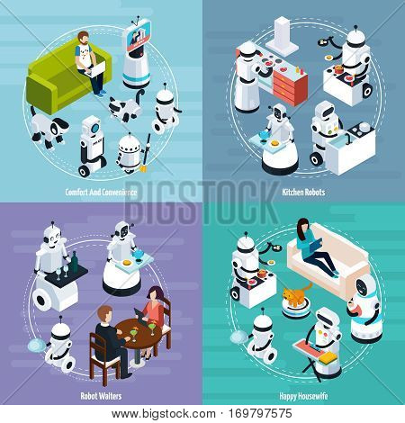 Kitchen and housewife home robots 2x2 isometric design concept of cleaning washing cooking waiters functions vector Illustration