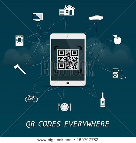 QR Codes everywhere - quick response codes business infographic template with tablet in the center