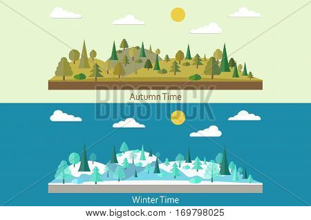 Set of landscapes. Winter Forest. Autumn forest. Forest in flat style. Wildlife. Eco lifestyle. Forest view. Vector illustration