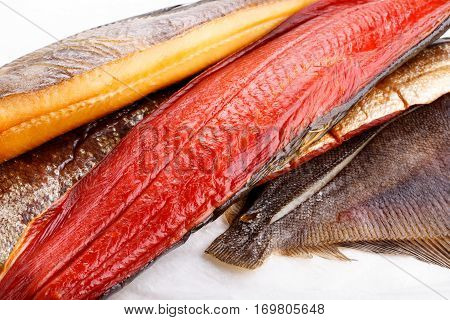 Smoked fish - red salmon halibut flounder.
