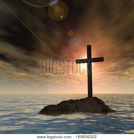 Concept or conceptual 3D illustration christian cross standing on rock in the sea or ocean over beautiful sunset sky, metaphor to faith, religion, religious, belief, Jesus, Christ, spiritual or church