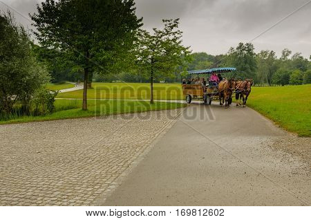 Herren insel, Chiemsee,  Germany - July 2016.:  Omnibus,  horses-drawn 