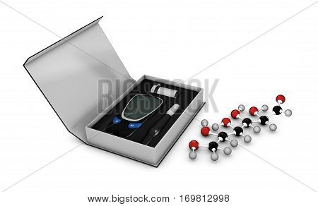 3D Illustration of glucometer in the box with test strip and molecule of glucose