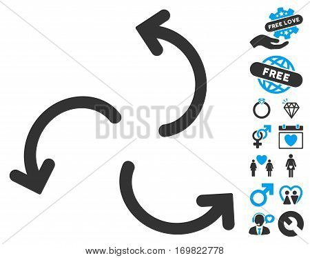 Cyclone Arrows pictograph with bonus marriage images. Vector illustration style is flat rounded iconic blue and gray symbols on white background.