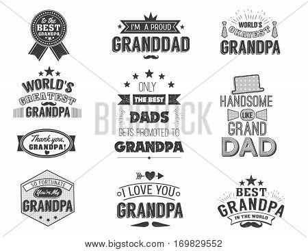 Isolated Grandfathers quotes on the white background. Grandpa congratulation label, badge vector collection. Granddads Mustache, hat, stars elements for your design.