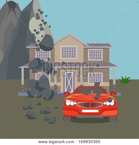 Landslide realistic natural disaster vector illustration. Cottage house and red car destroyed by the folling stones. Landslip caused by ground movements