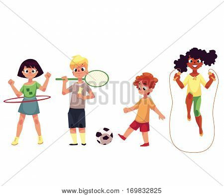 Kids twirling hula hoop, playing badminton and soccer, jumping over rope, cartoon vector illustration isolated on white background. Kids, children playing outside, summer activities, sport, playground