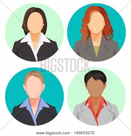 Avatar businesswoman portraits in four circles. Vector user pics of women of european and african nationalities wearing light and dark suits with shirts, with loose and plait hair