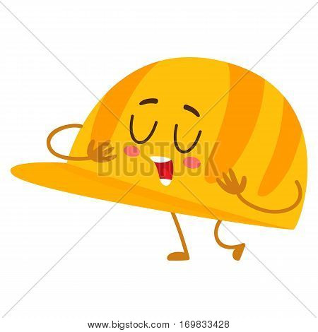 Funny builder hard hat, head protector, plastic helmet, cartoon vector illustration isolated on white background. Comic style hardhat, personal protective cap, helmet, hard hat