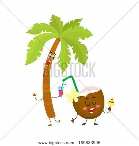 Funny palm tree and coconut characters, travelling, summer vacation symbol, cartoon vector illustration isolated on white background. Palm tree and coconut characters, mascots, holiday concept