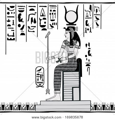 Vector illustration of Egyptian national drawing. Sun Ra goddess sitting on a throne.