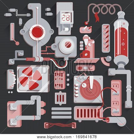 Machine mechanical parts background. Steampunk Illustration of Multiple elements Connected by wires and pipes. Vector background