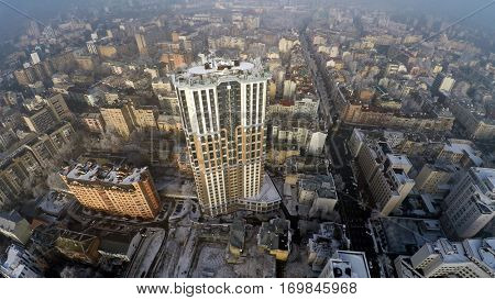 Kiev skyscrapers in winter, Velyka Vasylkivska str., aerial view