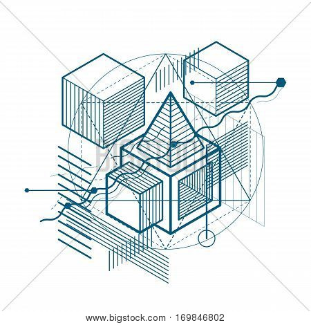 3d abstract vector isometric background. Layout of cubes hexagons squares rectangles and different abstract elements.