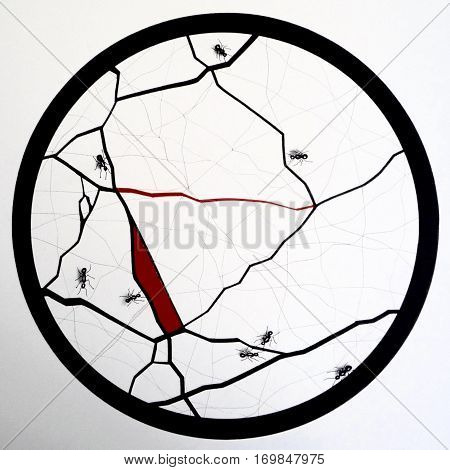 Graphic design Antsugi. A kintsugi design with ants in black and red.