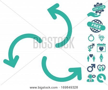 Cyclone Arrows icon with bonus lovely icon set. Vector illustration style is flat rounded iconic cobalt and cyan symbols on white background.