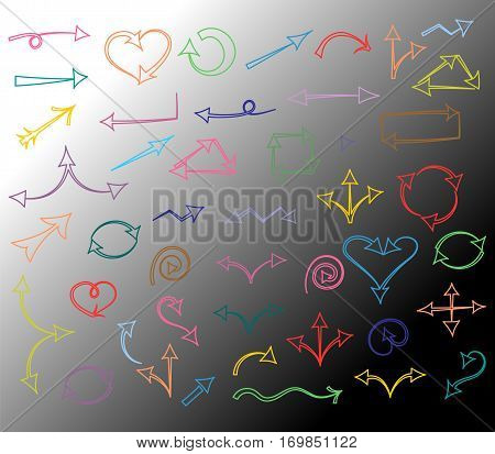 Colorful Hand Drawn Arrows isolated on Monochrome Background.Sketch Style. Prefect for Design. Vector Illustration.