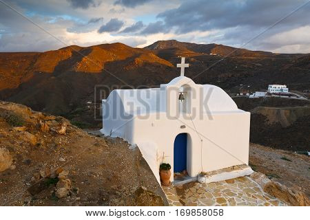 Small traditional church over Chora village on Anafi island.