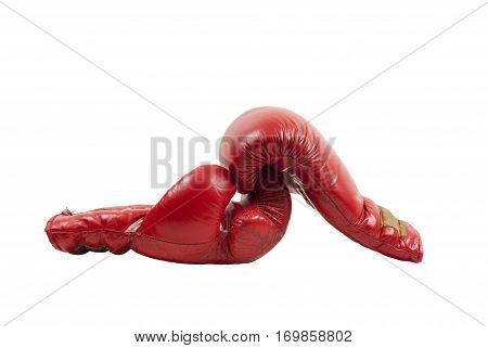 old red leather boxing gloves shaking hands isolated on white background
